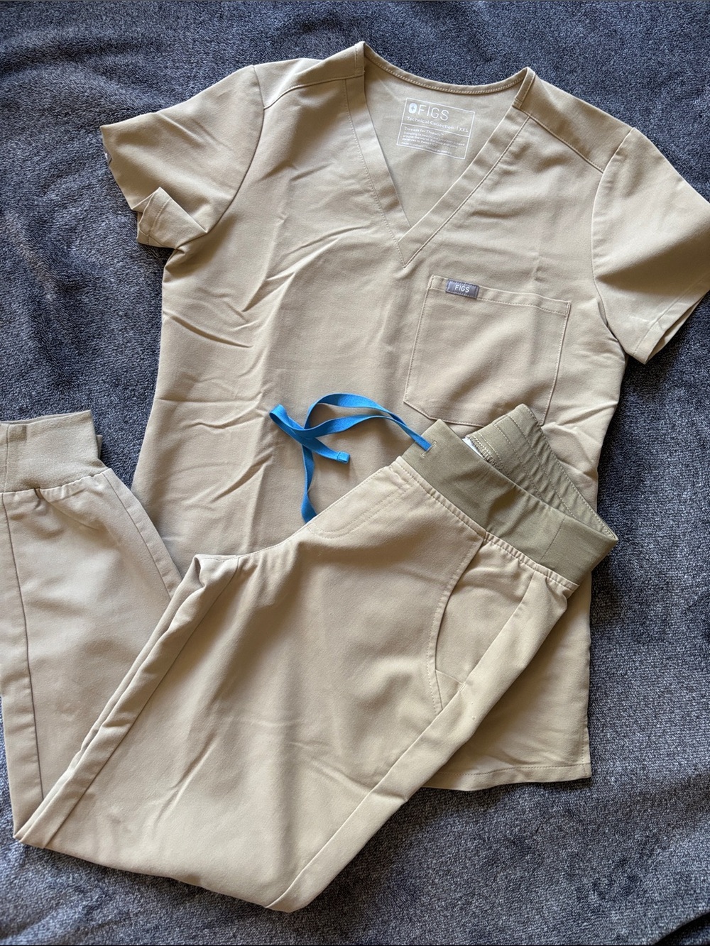 Figs Tan Scrub Set with Blue Drawstring Accent